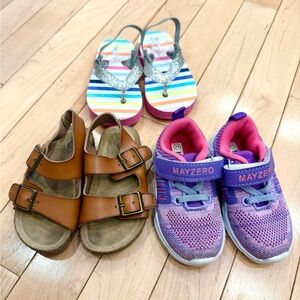 Bundle of Sz 5 Little Girls Shoes- Sneakers, Birkenstock Like Sandals, Flip Flop